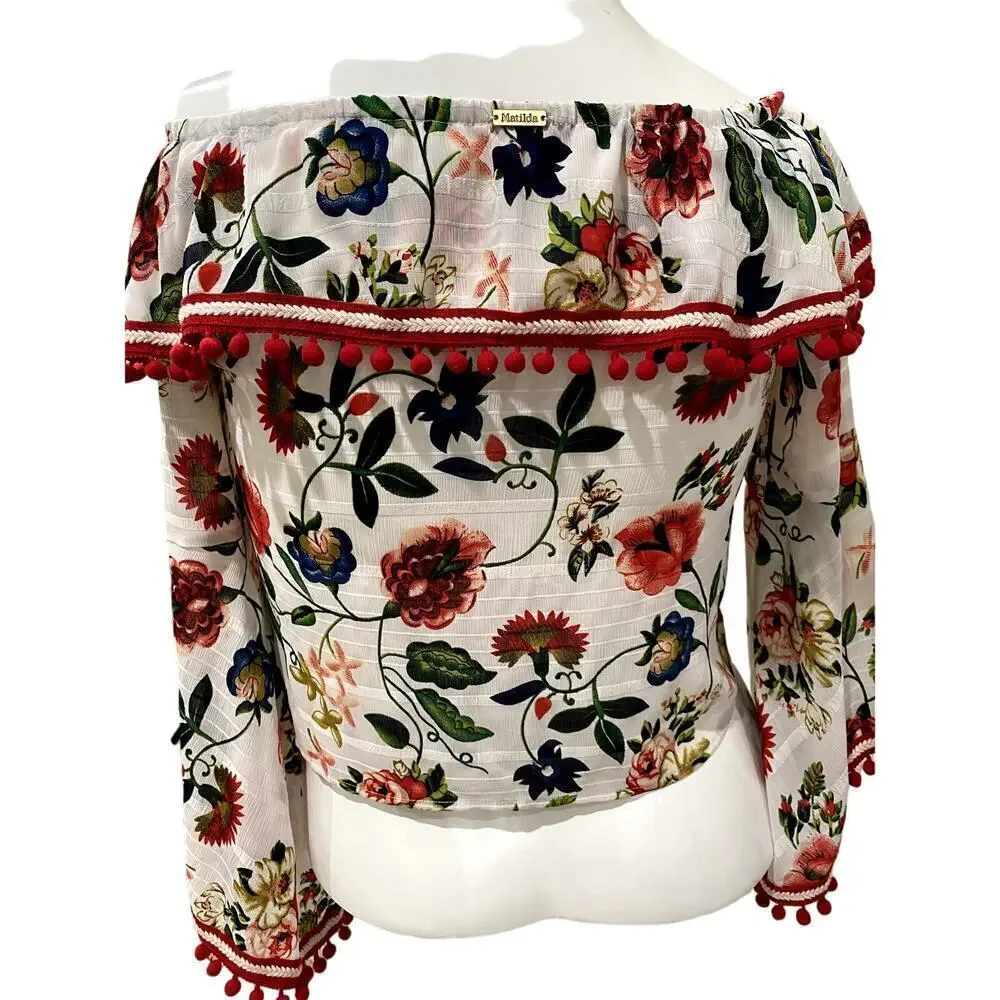 Matilda White Blouse w/ Floral Print. Size L (EUC) - Picture 2 of 7